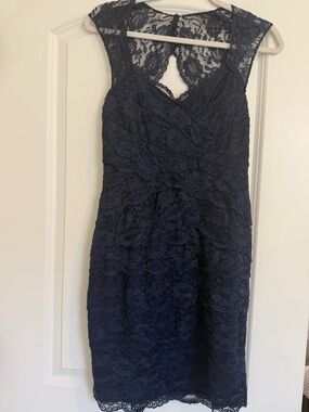 Navy Lace V-Neck Midi Dress with Cap Sleeves